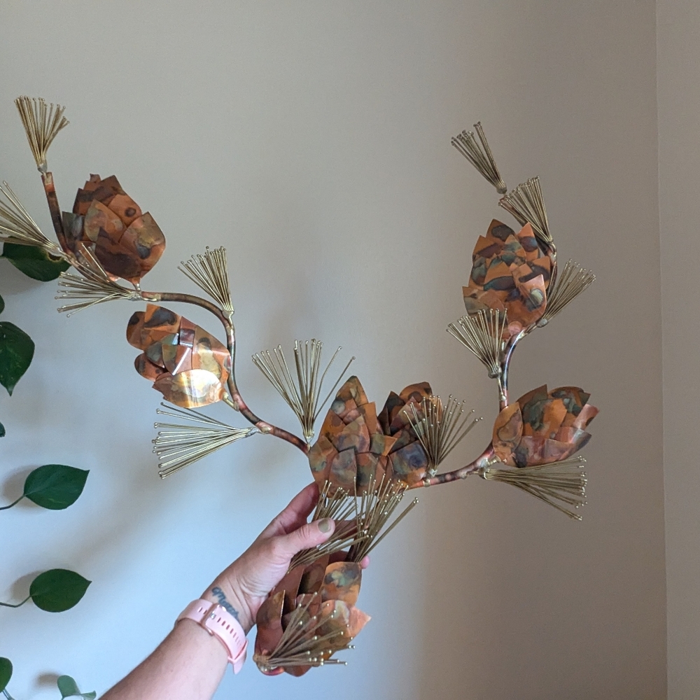 24x24 brass and aluminum pine need pinecone wall art sculpture MCM style